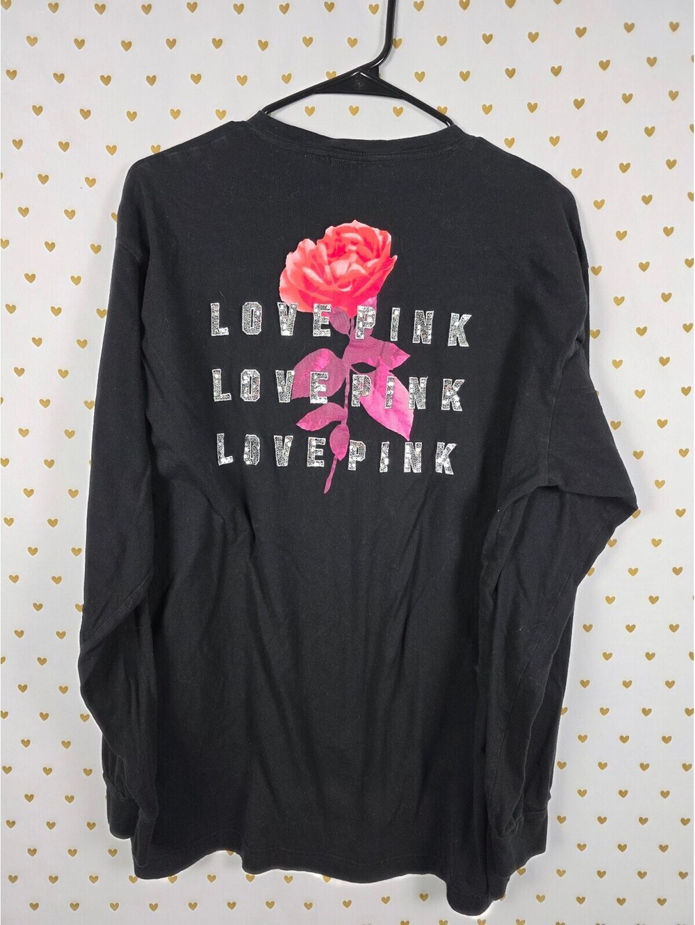 Victorias Secret PINK Rose BLING Sequined Logo XL Long Sleeve Tee shirt